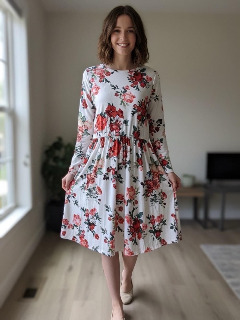 Floral Long Sleeve Midi Dress - White with Red Rose Print